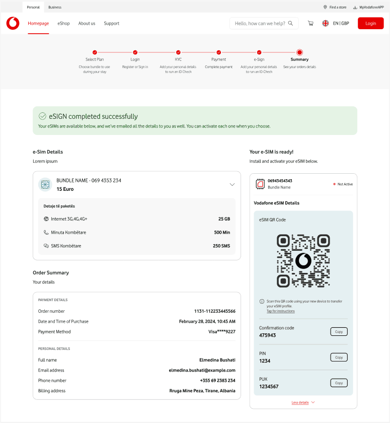 eSIM summary & QR code